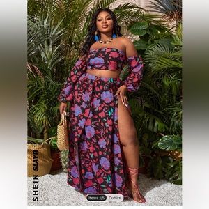 SHEIN Slayr Plus Floral Off The Shoulder Top & Split Thigh Skirt Set